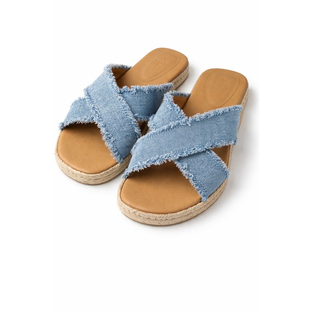 Gap Size 8 Denim Espadrille Platform Slides Wind Blue Frayed Crisscross Sandals
